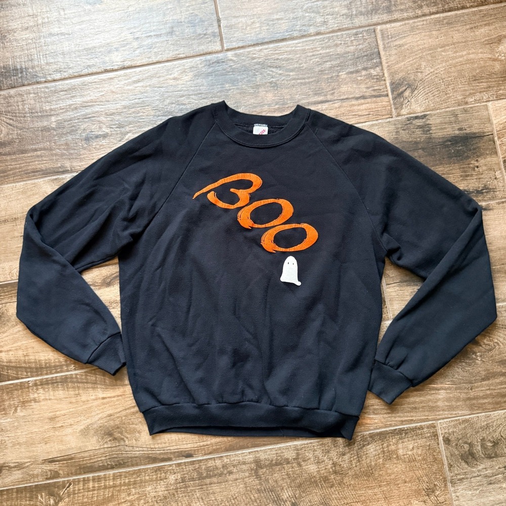 Jerzees Unisex Vintage Halloween Boo Ghost Raglan Sweatshirt, Black, XL